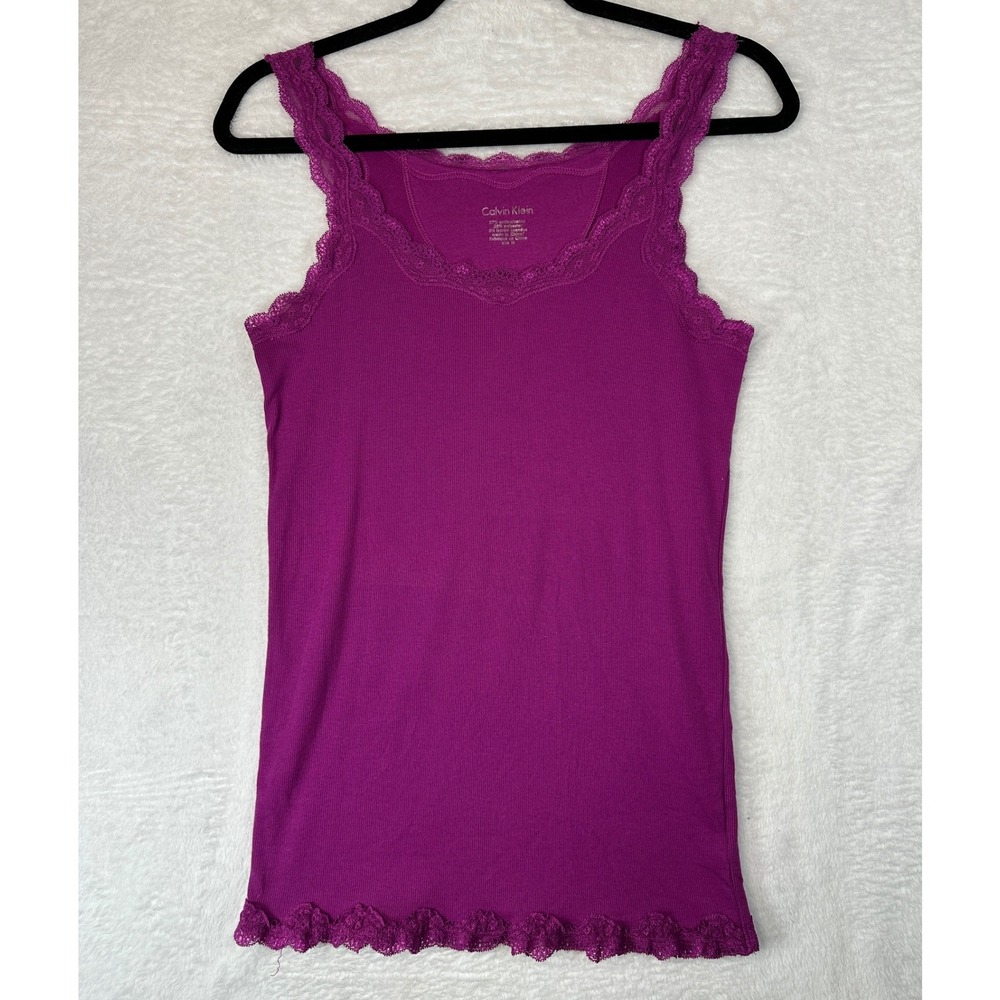 Calvin Klein Tank Top Womens Medium Purple Lace Trim Ribbed Cotton Blend